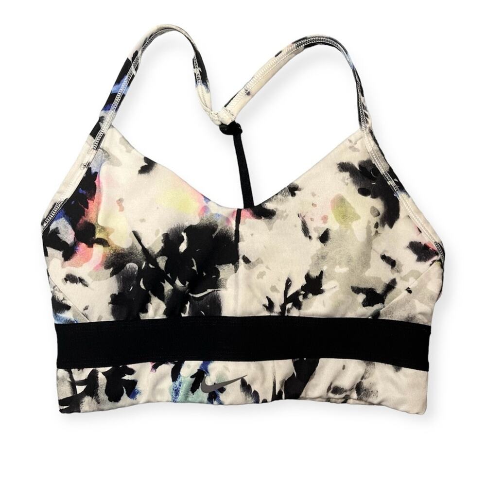 Nike‎ Dri-Fit Indy Floral Racerback Sports Bra Black White Padded Sz Small Gym